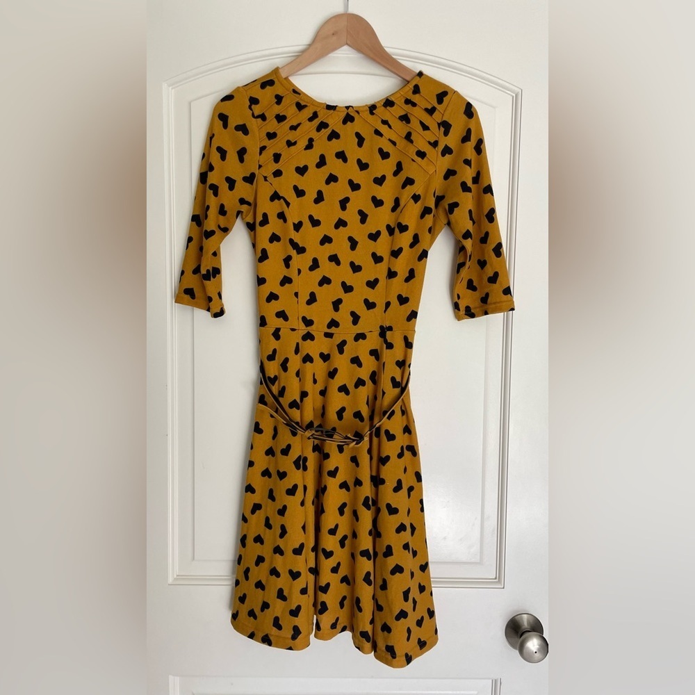 Unique Vintage Mustard and Black Heart Print Dress